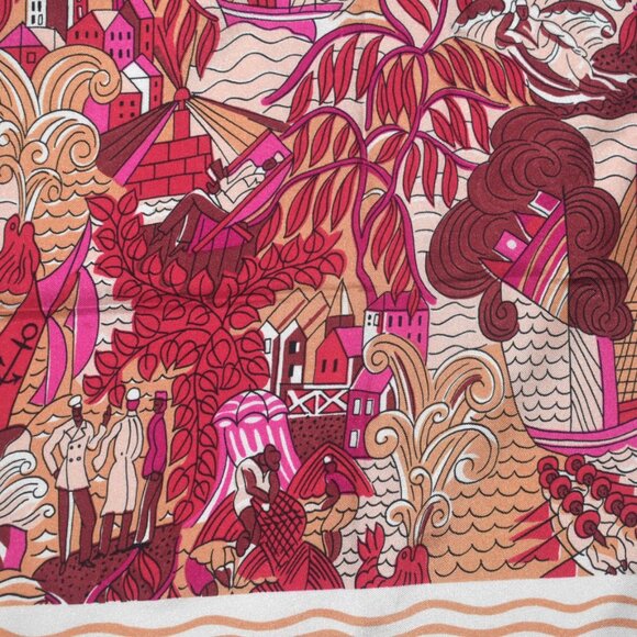 Brochier Soieries Silk Scarf made in France Dufy Deauville Red Brown Magenta - Picture 2 of 7